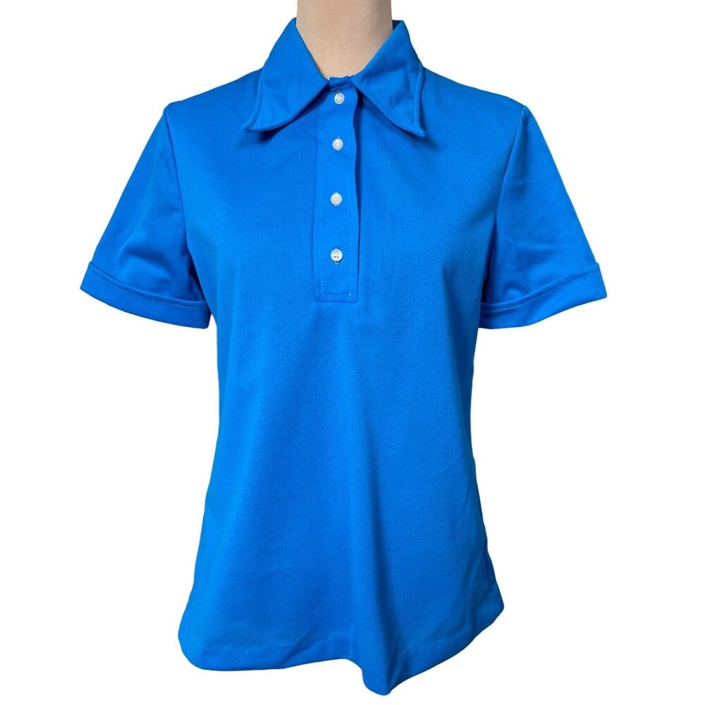 70s Vintage Deadstock Blue Catalina Polyester Short Sleeve Polo Neck Top Size L